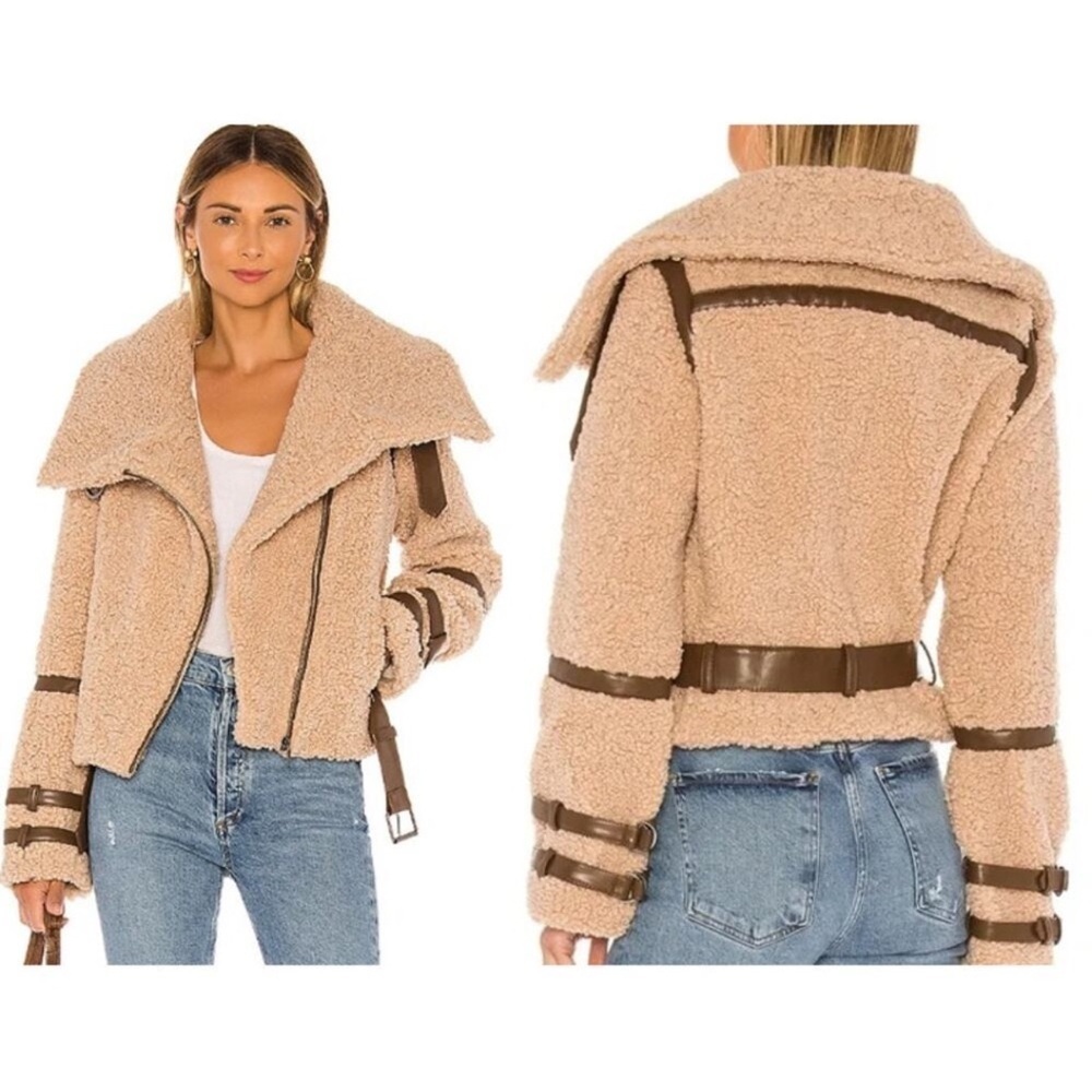 Tularosa Bailey Long Sleeve Full Zip Faux Fur Moto Jacket Beige - Picture 2 of 7